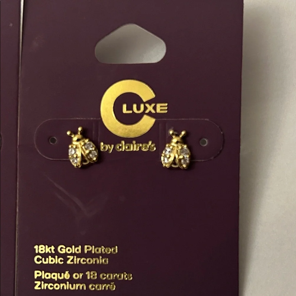 Claire's C Luxe 18Kt Gold Plated Cubic Zirconia Earrings 🐾 PAWS-Ladybug NEW